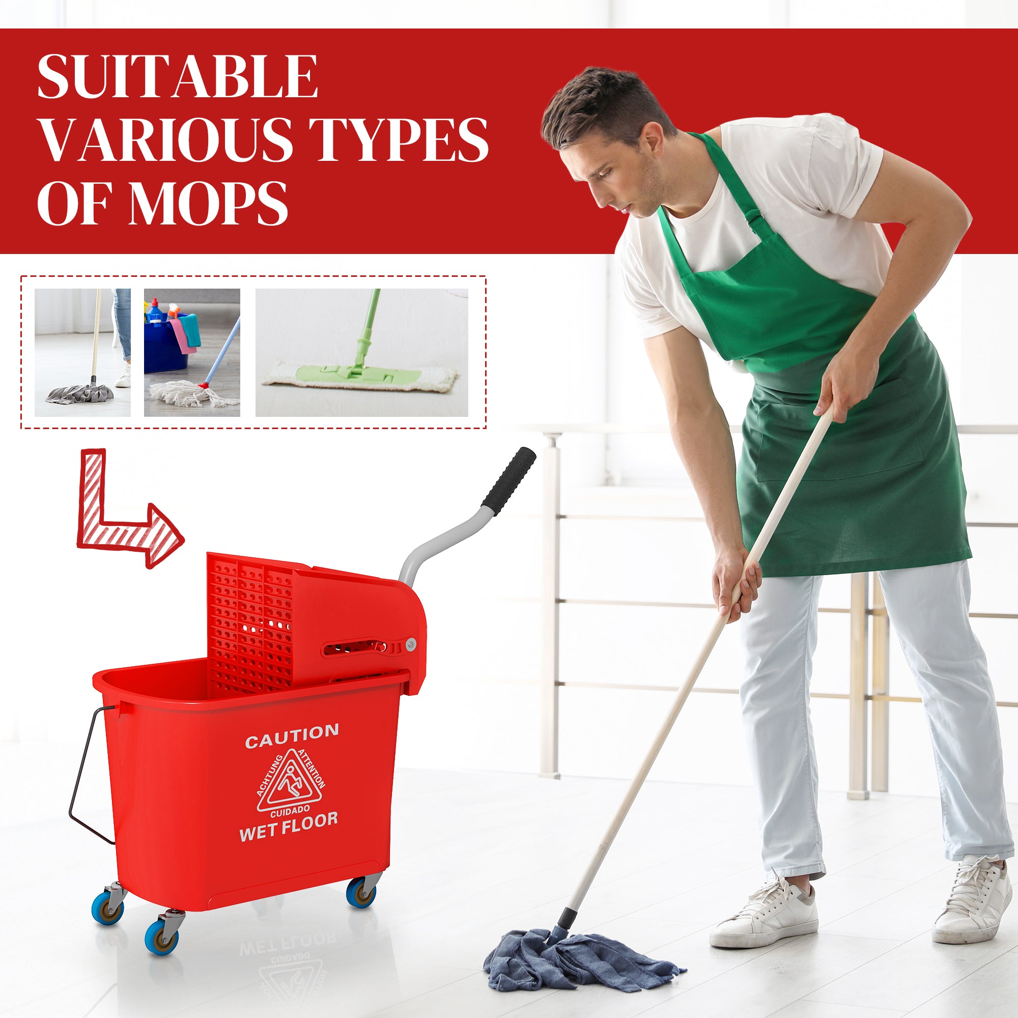 HOMCOM 20L Compact Mop Bucket on Wheels, with Water Separation Panel - Red